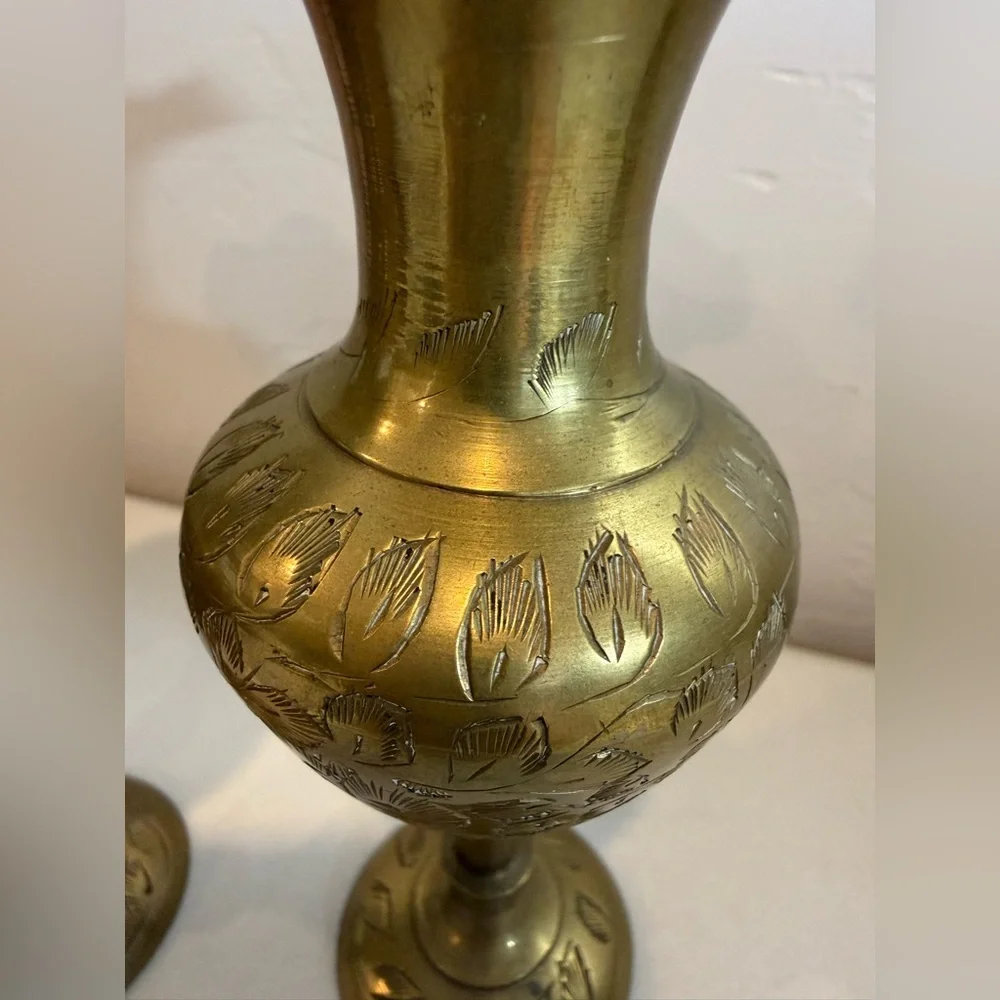 Vintage Pair of 2 Solid Brass Etched Floral Scalloped Vases signed Made in India